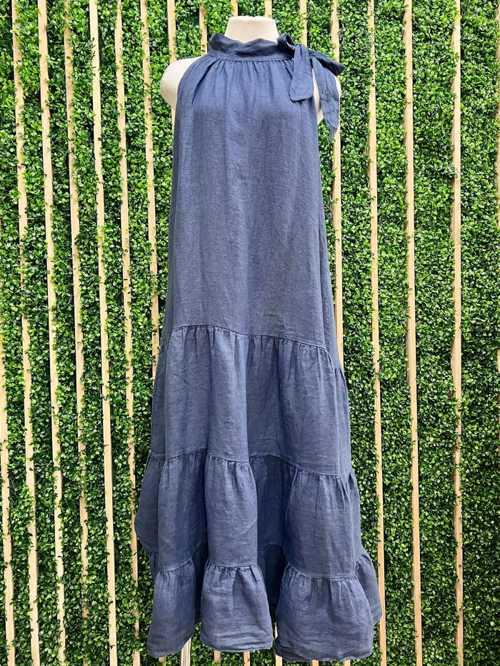 Shoulder Tie Tiered Linen Dress