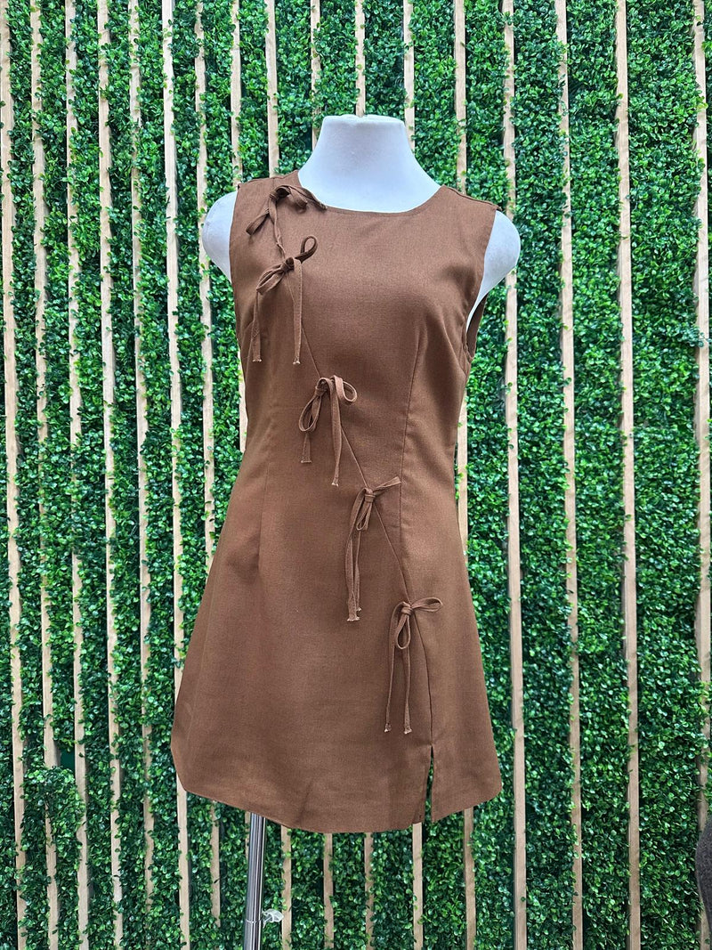 Brown Front Bows Round Neck Short Linen Dress L Brown Front Bows Round Neck Short Linen Dress L