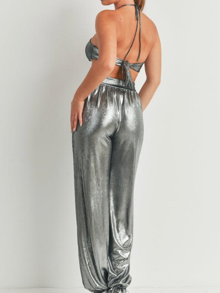 Black Silver Metallic Cutout Jogger Jumpsuit