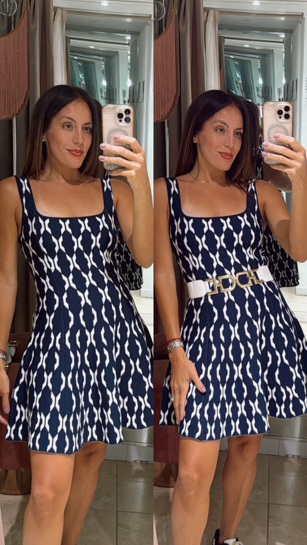 Navy Knit Print Fit and Flare Short Dress