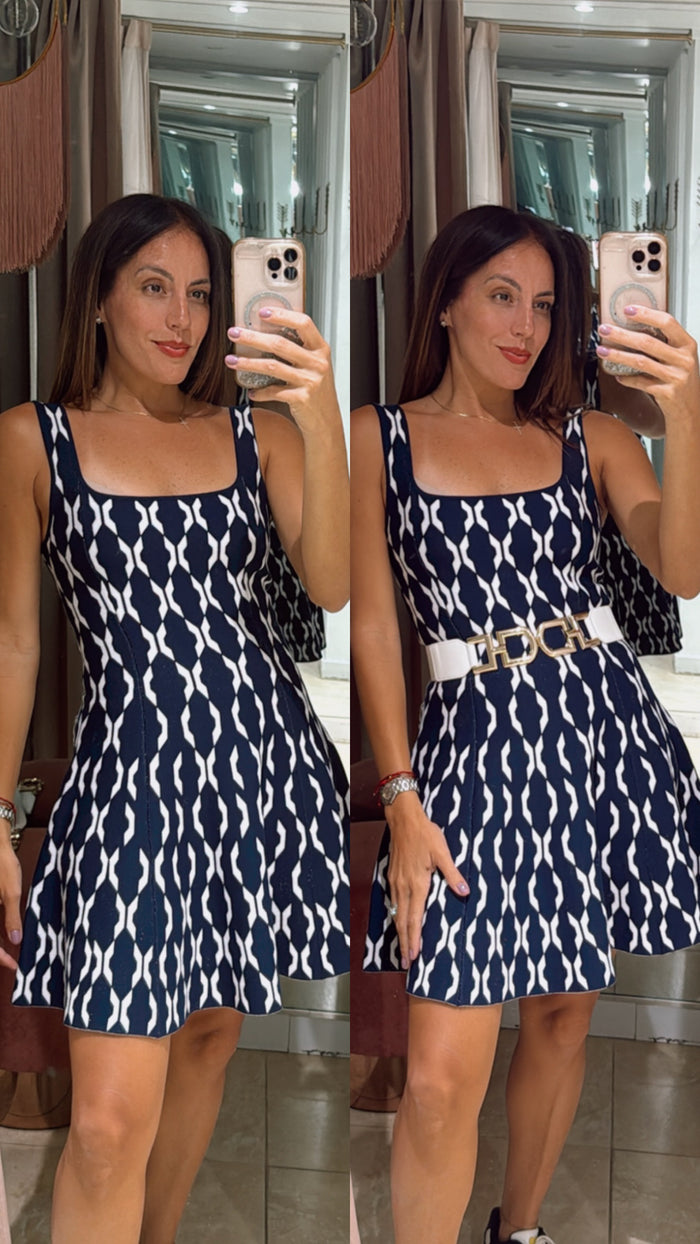 Navy Knit Print Fit and Flare Short Dress