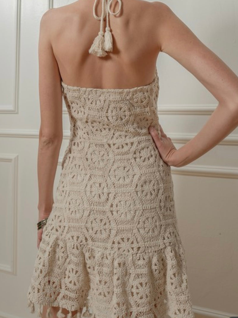Natural Halter crochet Dropwaist Short dress Ah L La Lifestyle Boutique Natural Halter crochet Dropwaist Short dress Ah L La Lifestyle Boutique