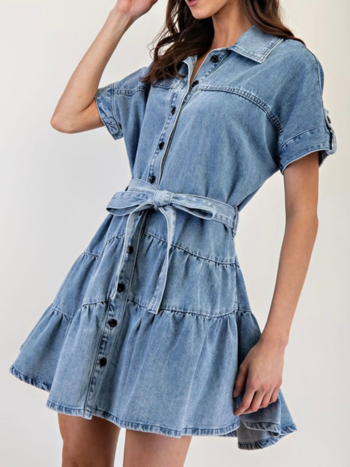 Collared Denim Tiered Short Dress