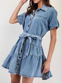 Collared Denim Tiered Short Dress