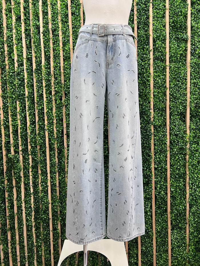 Belted Studded Leopard Wide Leg Jeans