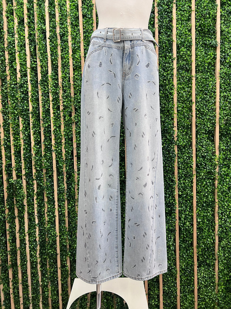 Belted Studded Leopard Wide Leg Jeans
