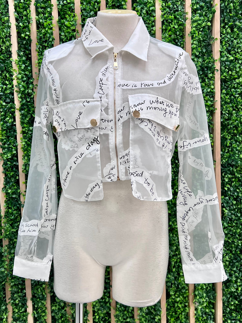 Letters Organza Crop Button Down Blouse