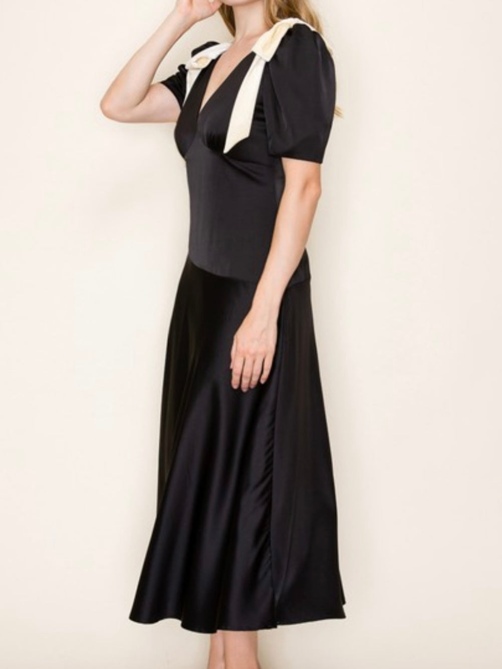 Black Back Bow Detail Satin Midi Dress