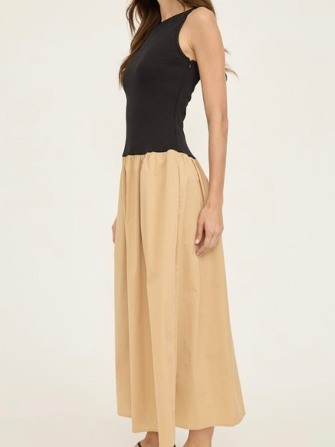 Black Beige Drop Waist Midi Dress