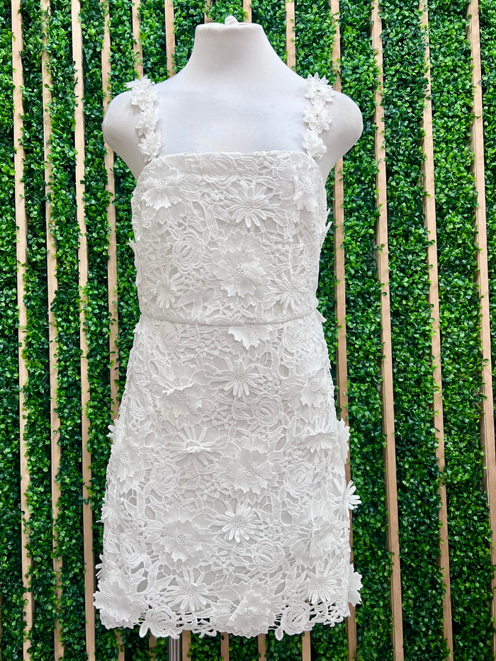 White Floral Lace Square Neck Short Dress