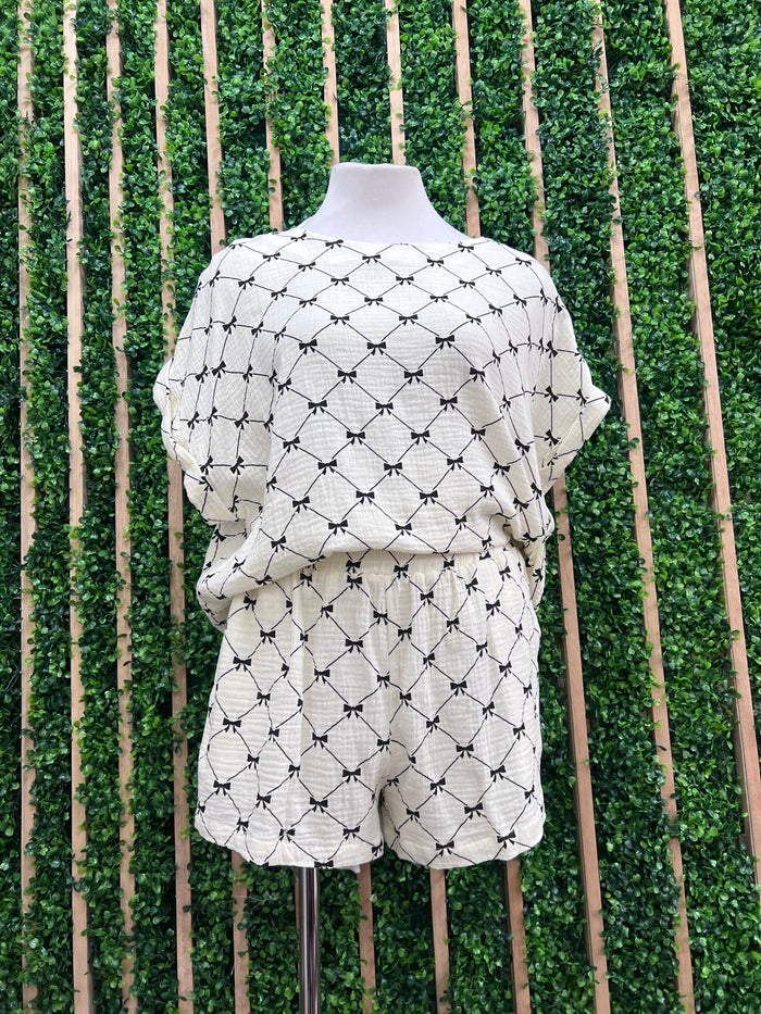 Ivory Bow Printed Gauze Short Pant Set