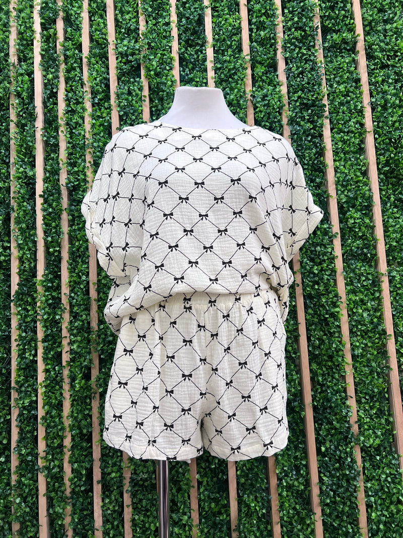 Ivory Bow Printed Gauze Short Pant Set