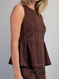 Oak Brown Stitch Detail Sleeveless Peplum Top