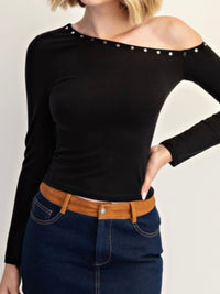 Black One Shoulder Stud Detail Knit Long Sleeve Top