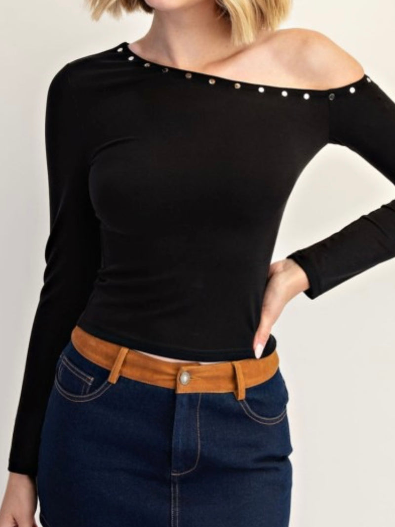 Black One Shoulder Stud Detail Knit Long Sleeve Top