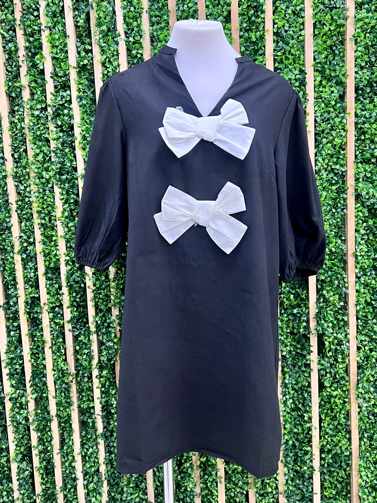 Black White Bow Puff Sleeve Short Dress