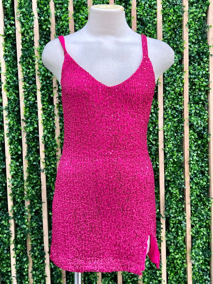 Fuchsia Sequin V Neck Short Dress