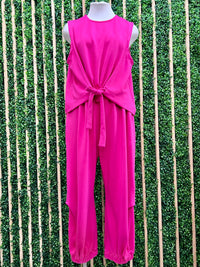 Crew Neck Cinch Front Tie Top Pant Set