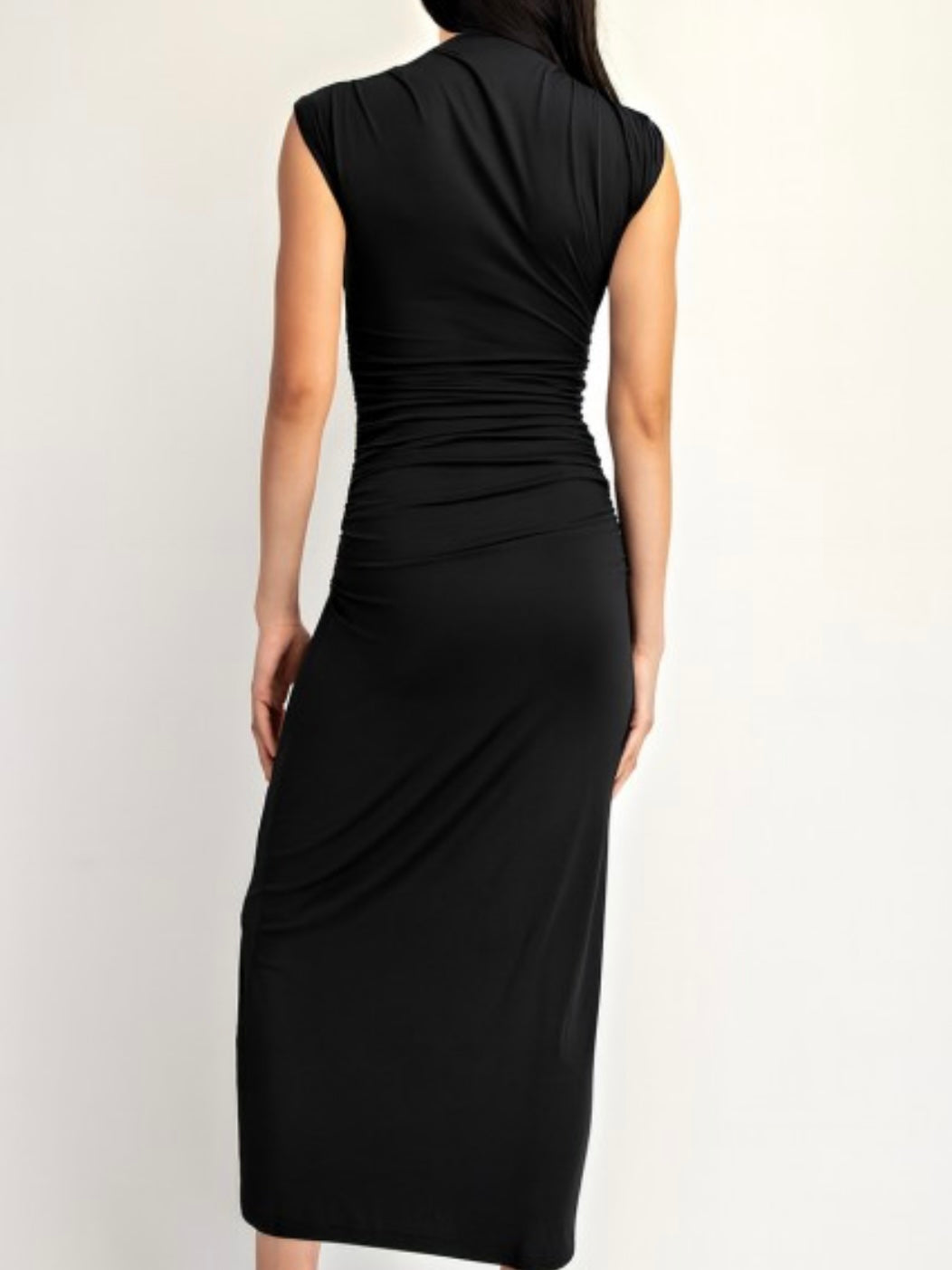 Black Ruched Midi Dress With Metal Ring Strap Detail