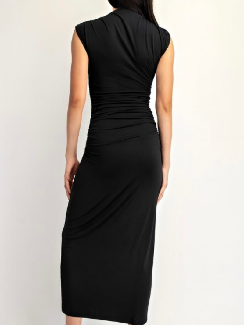 Black Ruched Midi Dress With Metal Ring Strap Detail