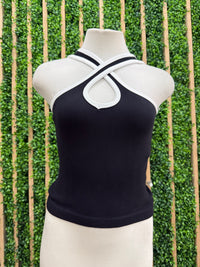 Cross Front Twotone Keyhole Halter Basic Top