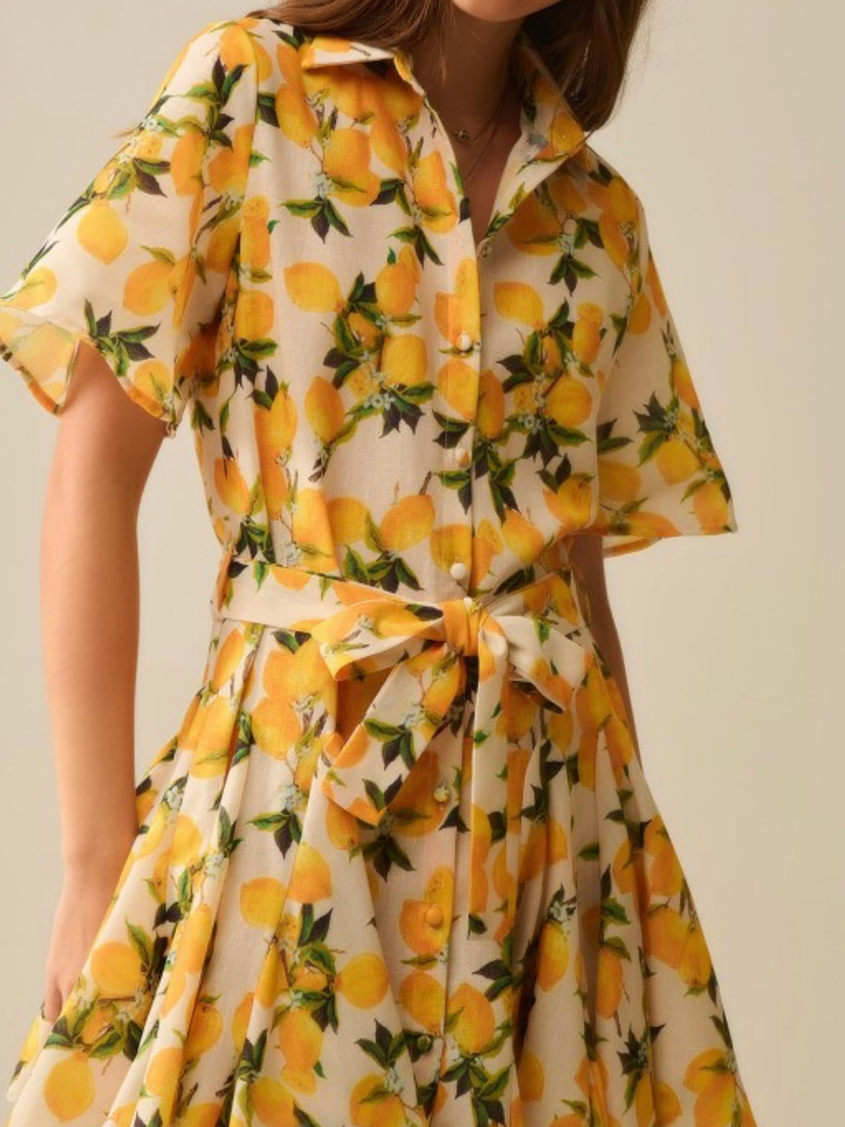 Beige Lemon Flared Short Blouse Dress
