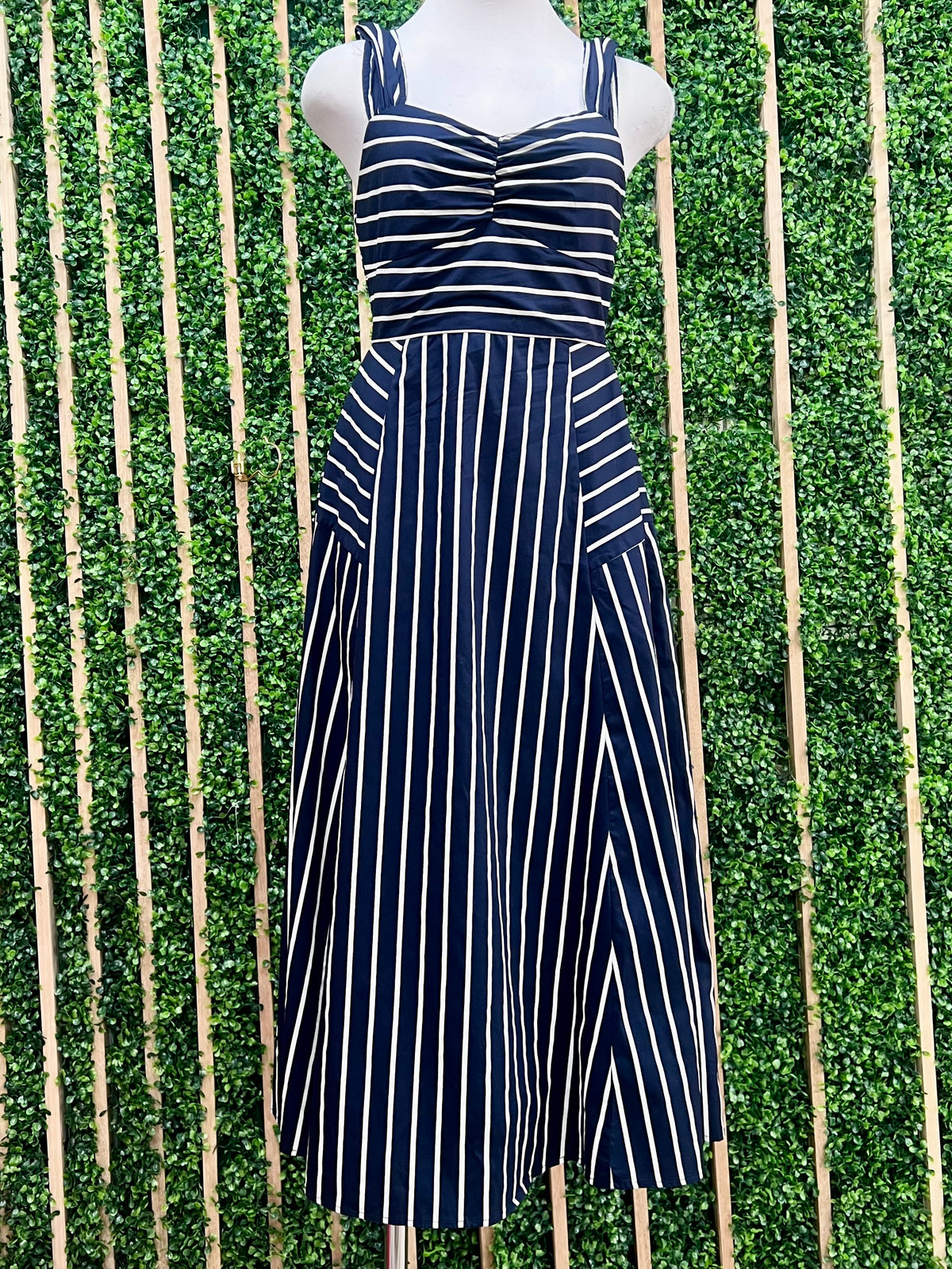 Navy Stripe Fitted Sleeveless Midi Dress