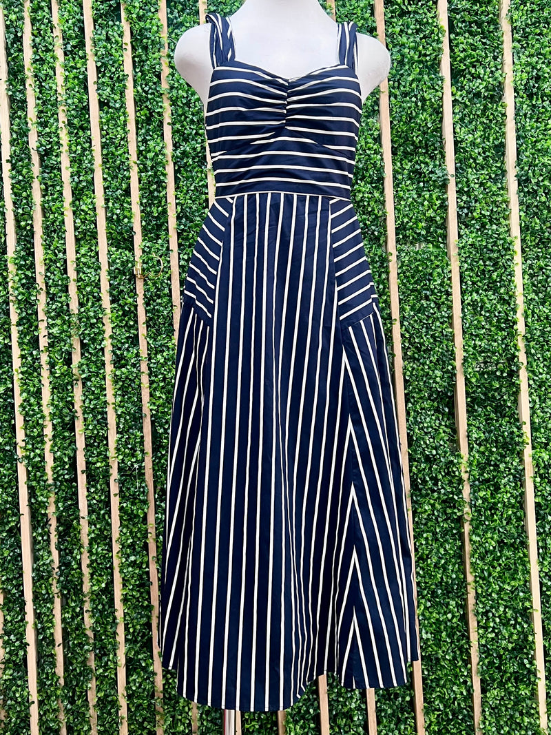 Navy Stripe Fitted Sleeveless Midi Dress