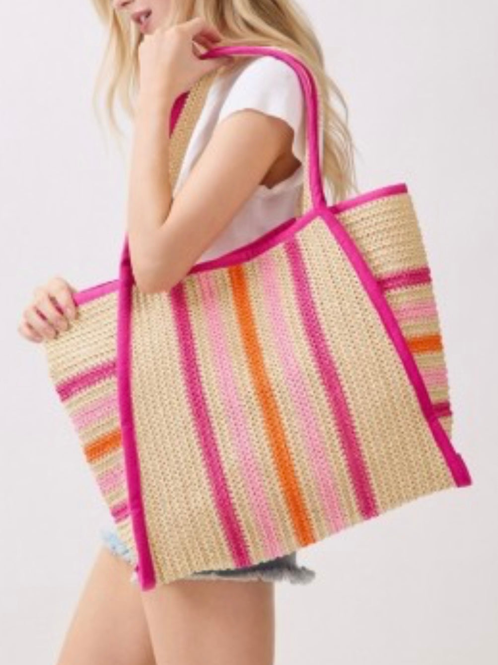 Sunset Cabana Striped Straw Tote Bag