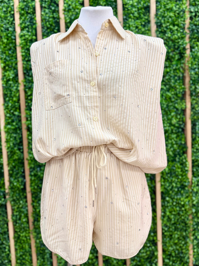 Crystal Studded Striped Short Pant Set