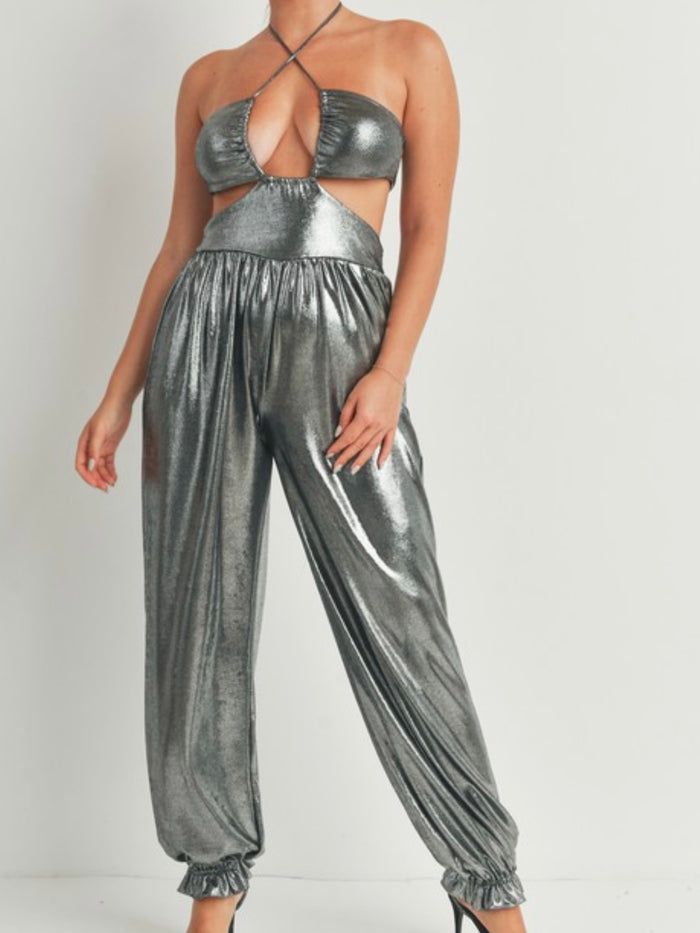 Black Silver Metallic Cutout Jogger Jumpsuit