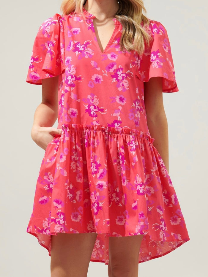 Strawberry Red Print Tiered Short Dress