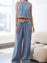 Light Blue Elastic Waist Washed Denim Pants