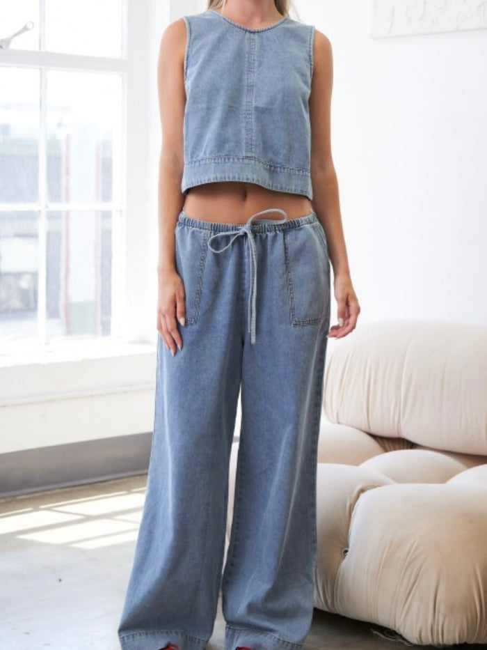 Light Blue Elastic Waist Washed Denim Pants