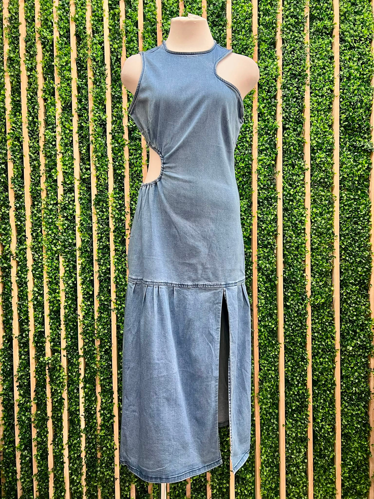 High Neck Denim Cutout Maxi Dress