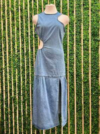 High Neck Denim Cutout Maxi Dress