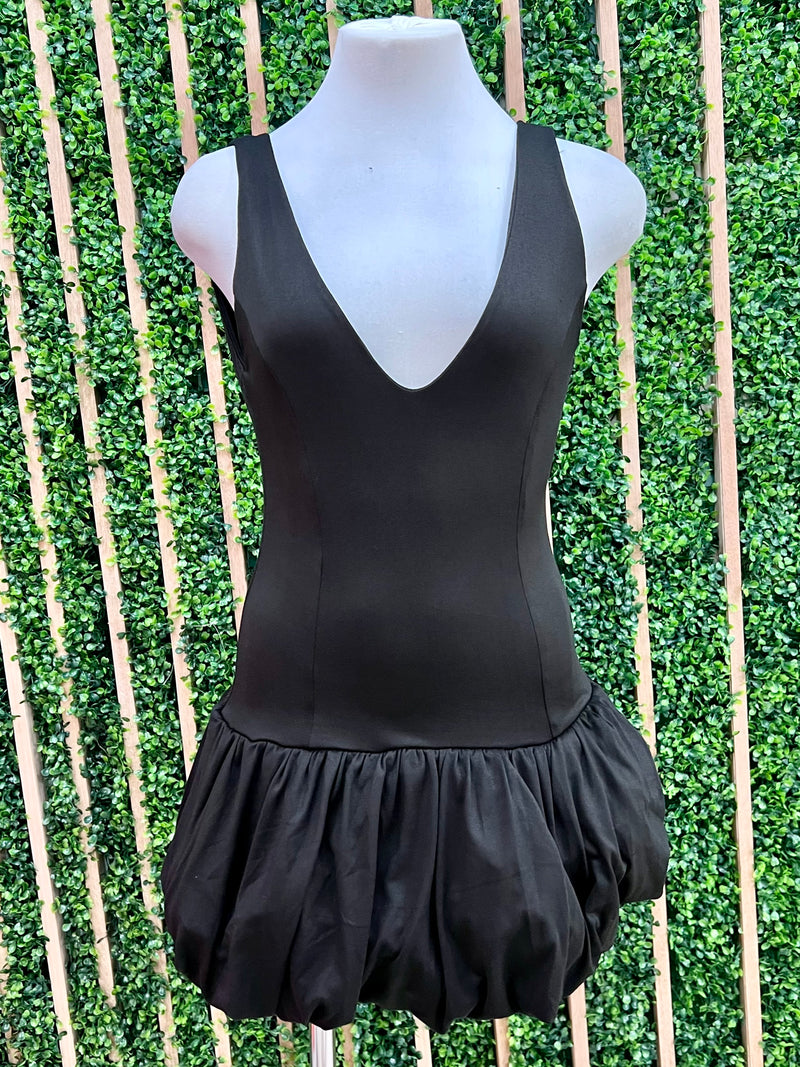 Black Fitted V Neck Bubble Short Dress