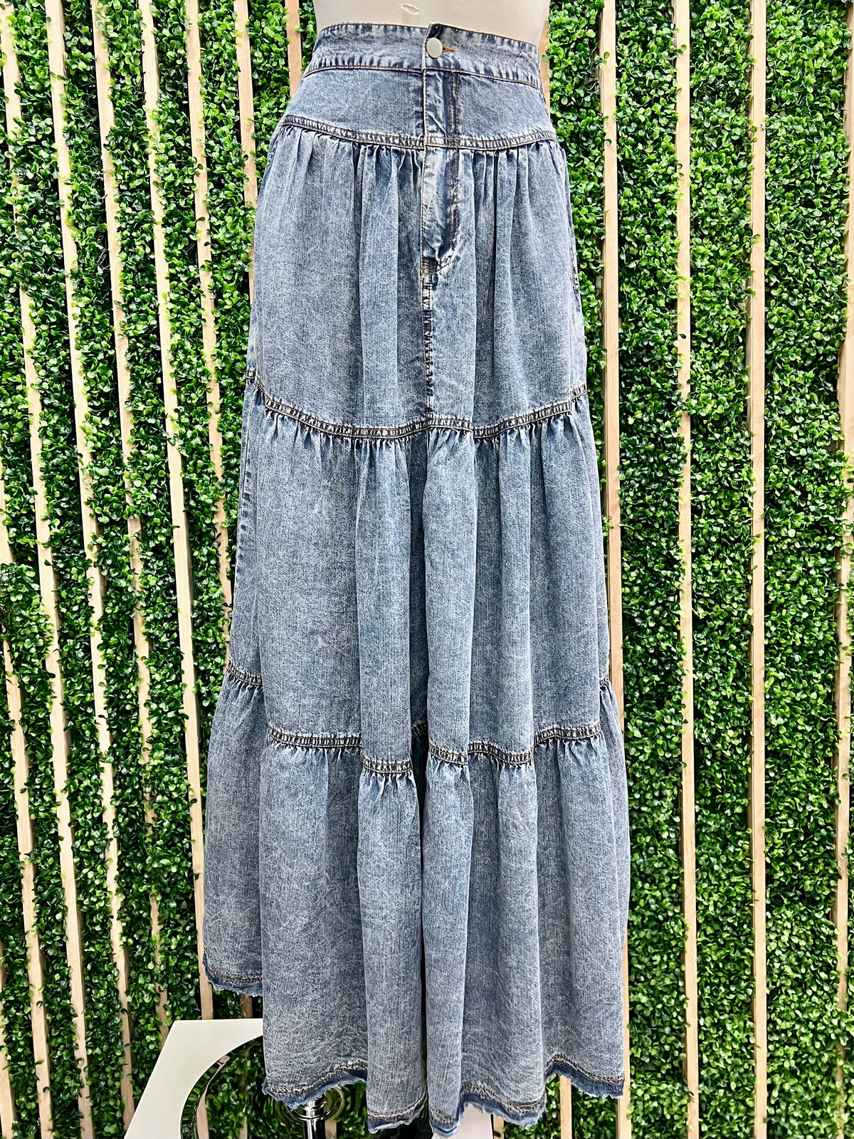 Chambray Denim Tiered Maxi Skirt