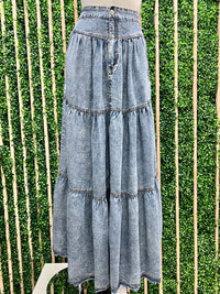 Chambray Denim Tiered Maxi Skirt