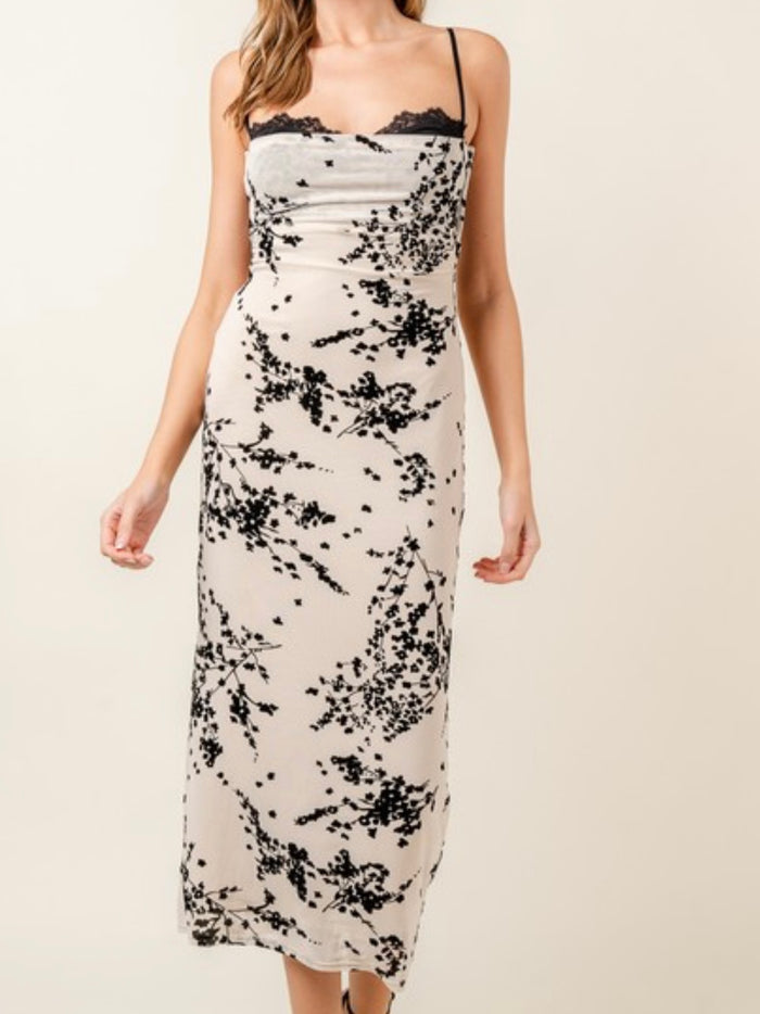 Beige Lace Burnout Floral Bustier Fitted Midi Dresss