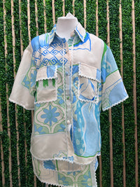 Blue Coastal Mosaic Print Button-Up Shirt
