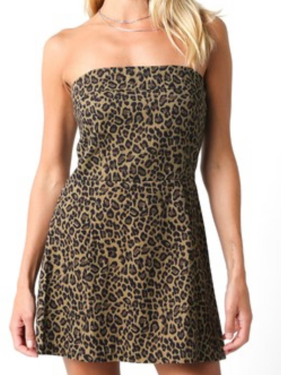 Brown Leopard Strapless Denim Dress