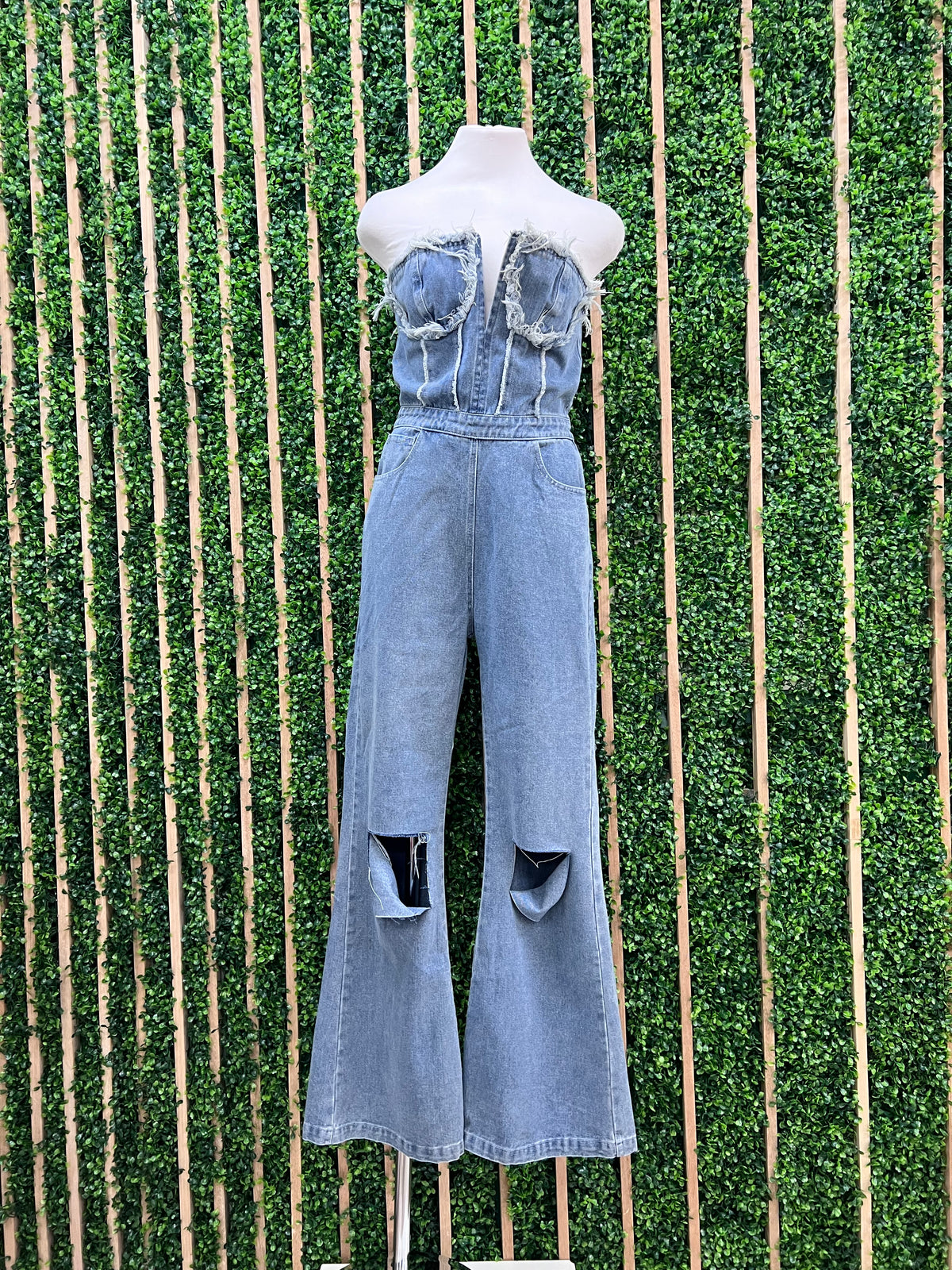 Fun Distressed Strapless Denim Jumpsuit