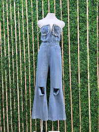 Fun Distressed Strapless Denim Jumpsuit