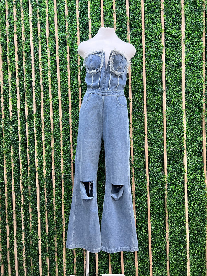 Fun Distressed Strapless Denim Jumpsuit