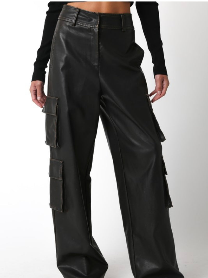 Black Brown Pleather High Waist Cargo Pants