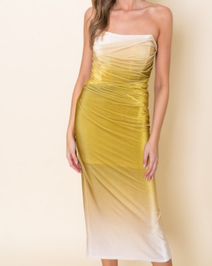 Mustard Ombre Strapless Midi Dress