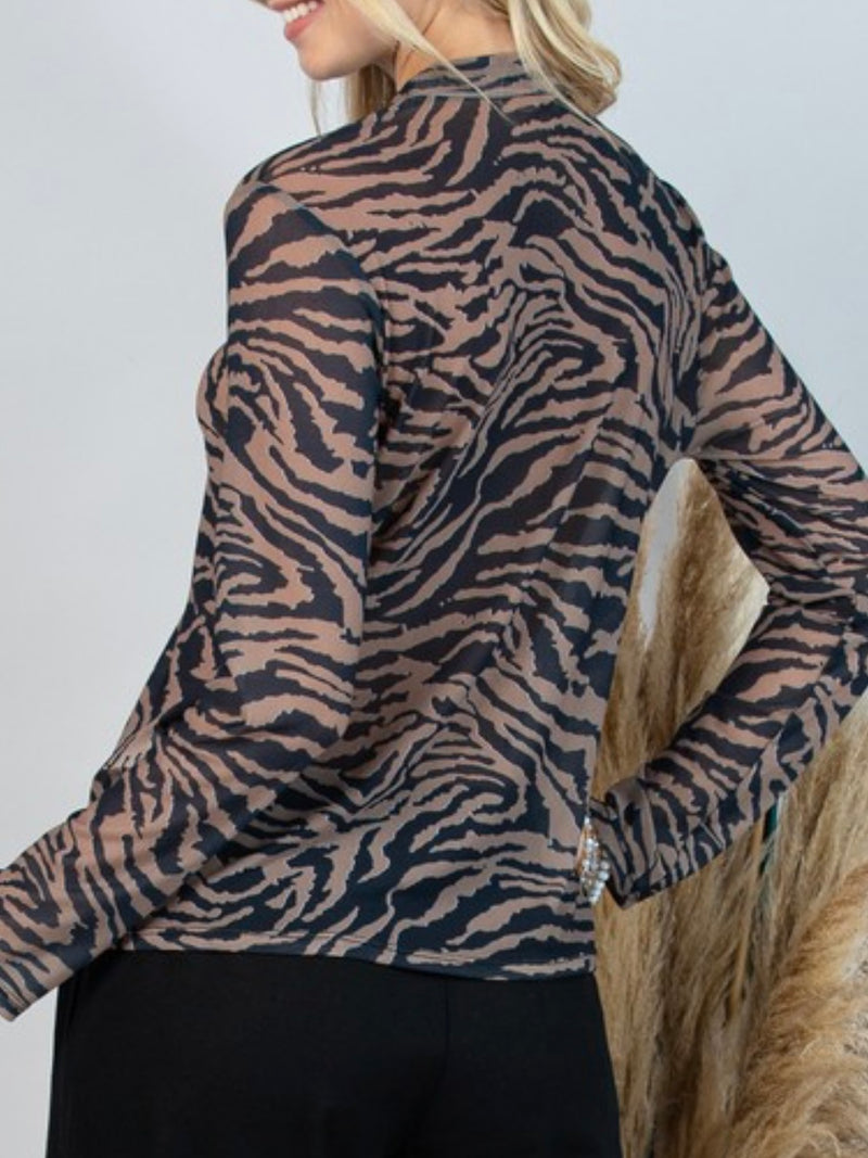 Brown Zebra Mesh Long Sleeve Top