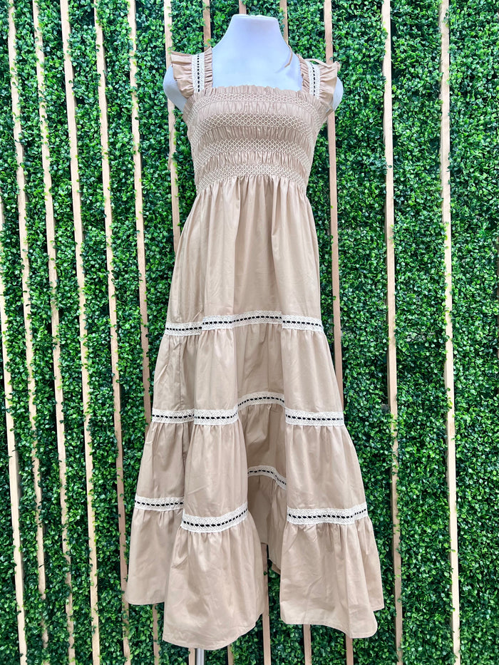 Beautiful Khaki Ivory Tiered Maxi Dress