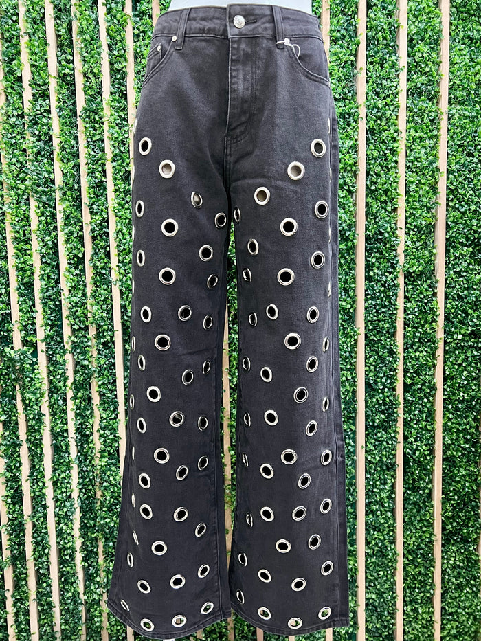 Black Grommet Detail Wide Leg Denim